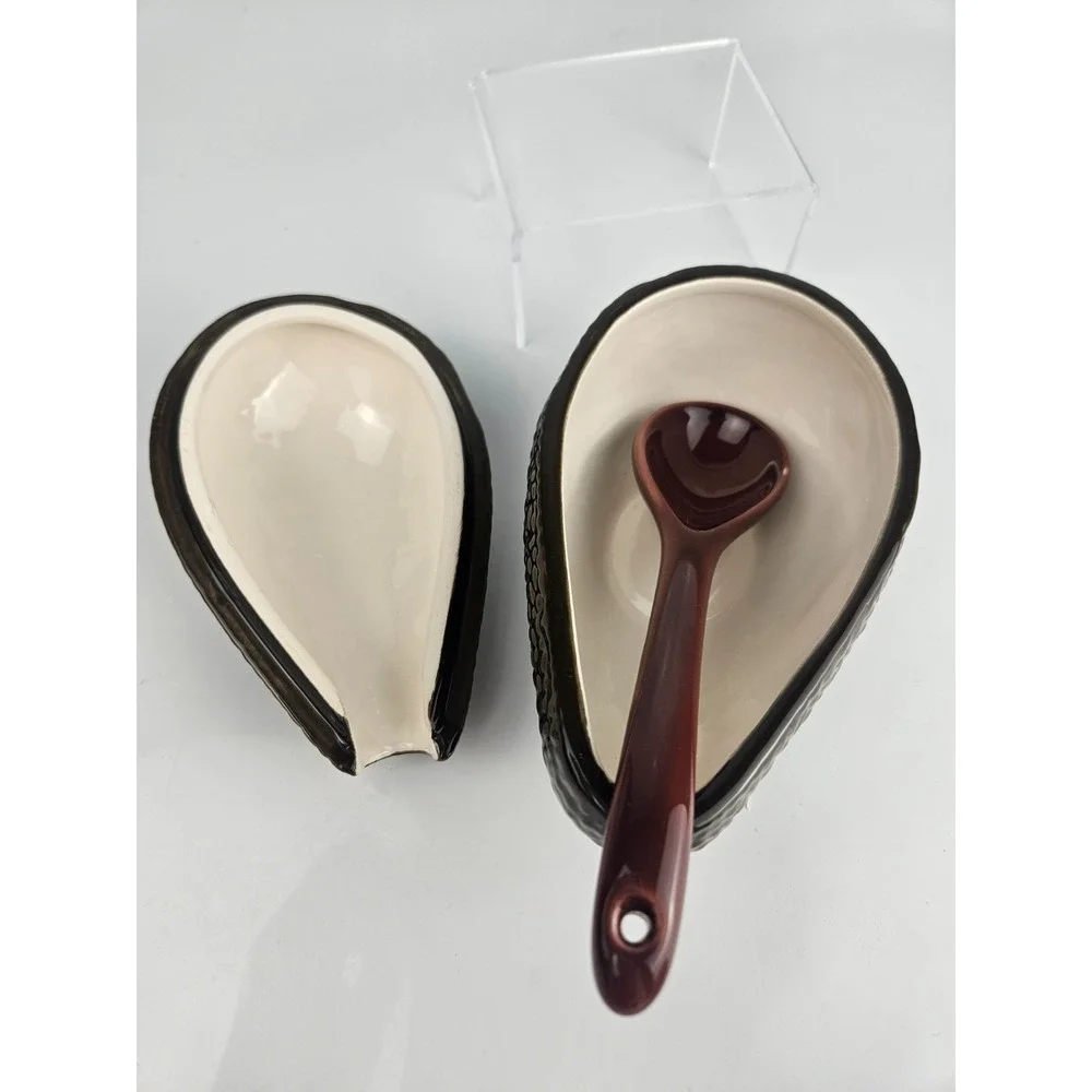 Ceramic Avocado Covered Dish‎ w Spoon Textured Guacamole Server
